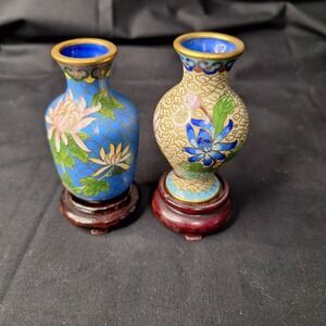 Vintage Pair of Chinese Cloisonne Enamel Miniature Floral Vases Blue & Cream